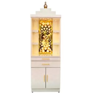 White Wooden Pooja Mandir with Om Golden Jali LED Light