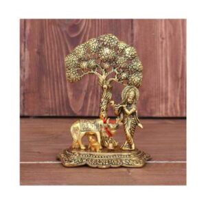 Krishna with Kamdhenu Cow Standing Under Tree Plying Flute Gift Item