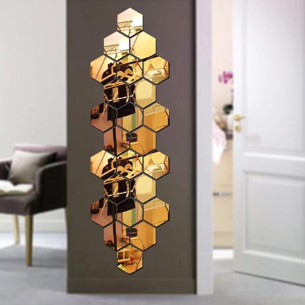 Bikri Kendra Glass-Hexagon 24 Golden Mirror Stickers For Wall,Acrylic Mirror,Mirror Wall Decor Sticker,Hexagonal Wall Mirror Stickers,Acrylic Stickers,Wall Stickers For Hall Room,Bedroom,Kitchen.