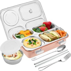 Practical Lunch Box for Kids with Spoon & Fork : Durable Stainless Steel 4 Compartment Box