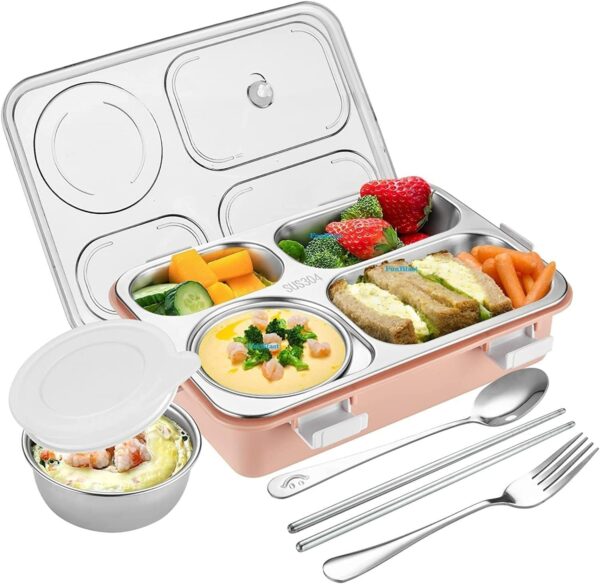 Practical Lunch Box for Kids with Spoon & Fork : Durable Stainless Steel 4 Compartment Box