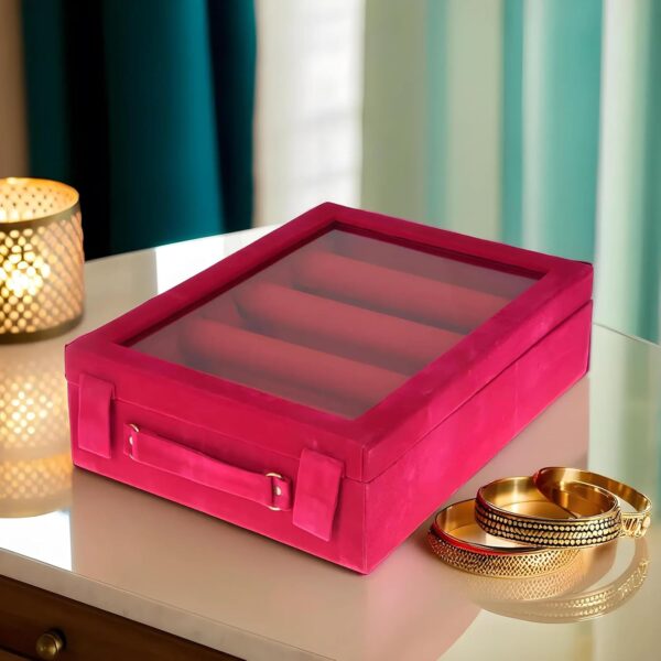 Velvet Wooden Bangle Organizer Box - 4 Rod, Pink
