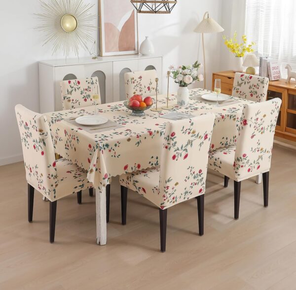 Waterproof PVC Dining Table Cover - Beige Tulip, 6 Chair Covers