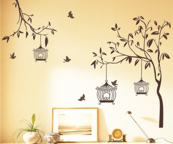 Tree with Birds & Cage Wall Sticker - Brown