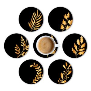 Round Black Leaf Wooden Coasters - Set of 6, 3.5 Inch