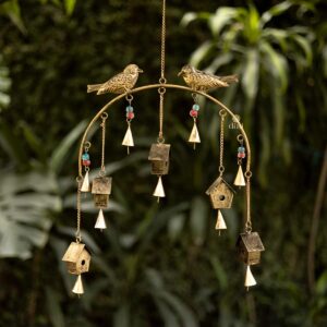 Rustic Metal Windchime Birdhouse Wall Decor - Golden