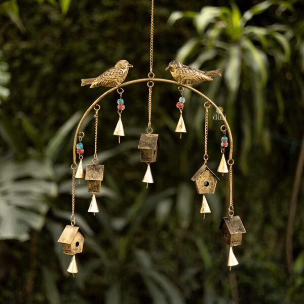 Rustic Metal Windchime Birdhouse Wall Decor - Golden