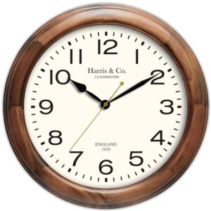 Silent Vintage Analog Wall Clock - 14 Inch, Dark Teak