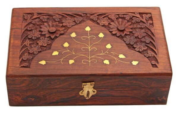 Hand Carved Keepsake Wooden Jewelry Box - 8 Inch