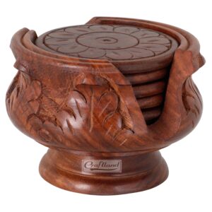 Handmade Wooden Coasters for Coffee - Set of 6, Carved Design