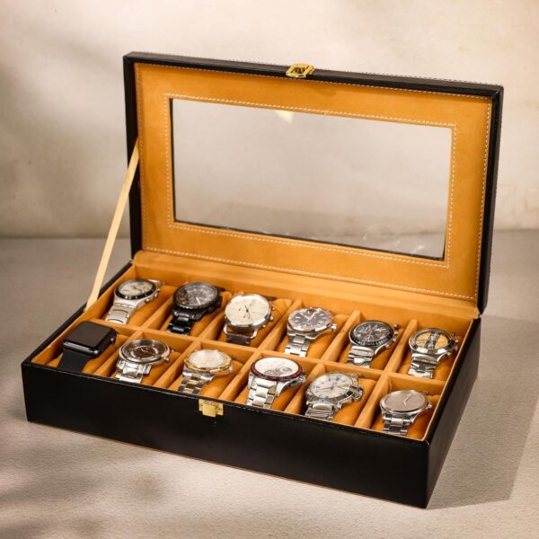 12-Slot Faux Leather Watch Box Organizer - Black