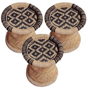 Handmade Cane Wood Sitting Stool - Pack of 3, Black & Gold