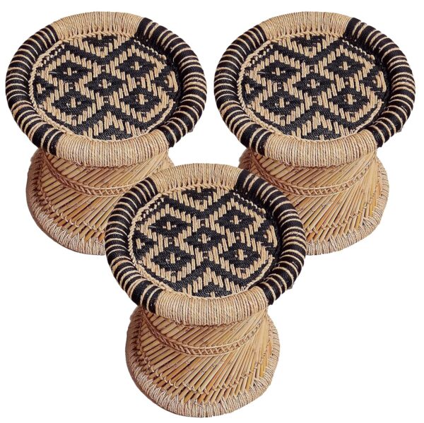 Handmade Cane Wood Sitting Stool - Pack of 3, Black & Gold