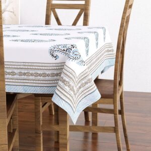 Hand-Block Printed Cotton Table Cloth - 145x225cm, Turquoise