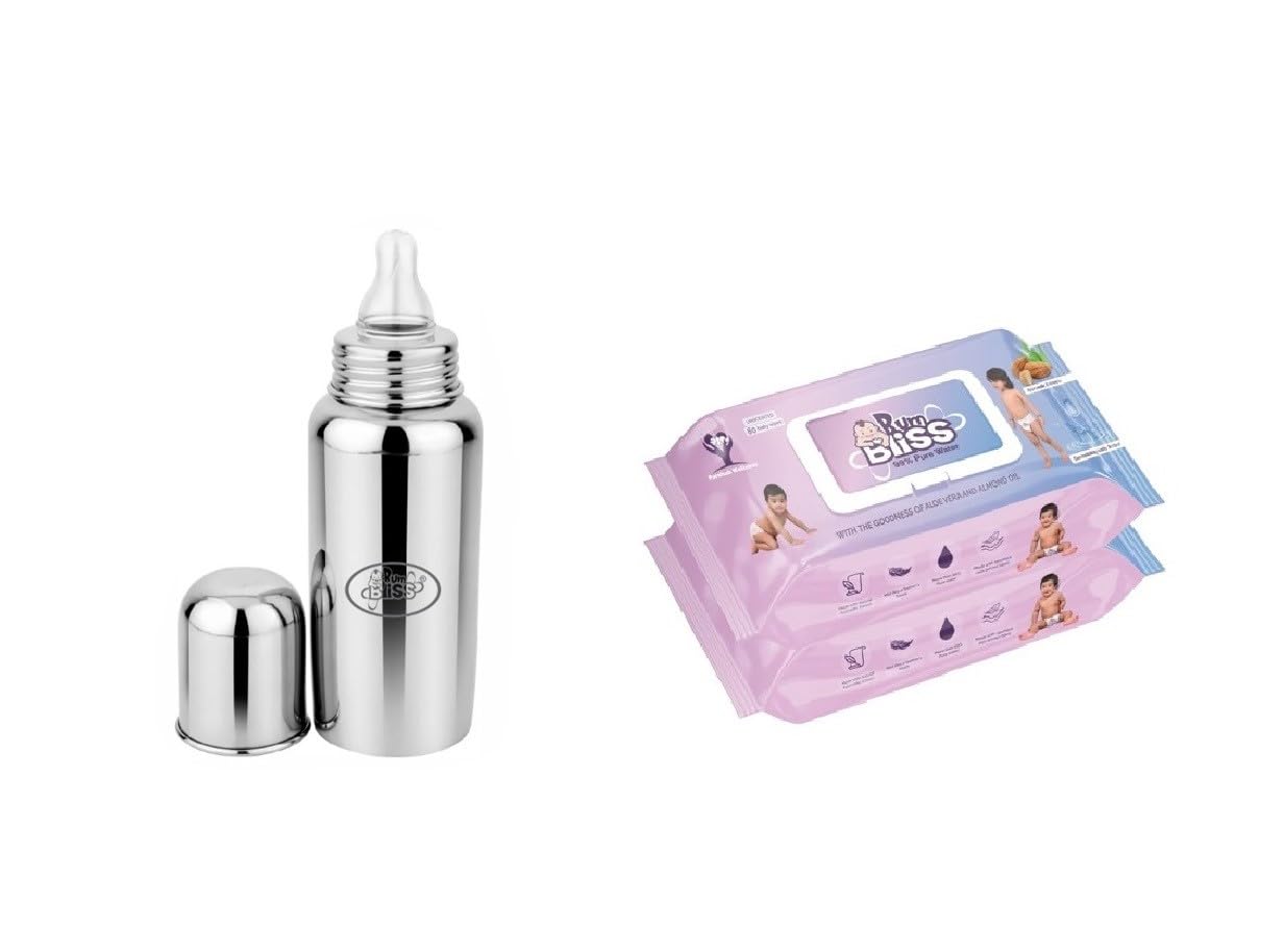 BumBliss Steel Bottle with Unscented Baby Wipes Combo Set
