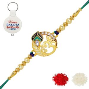 Peacock and Om Gold Rakhi Gift with Card