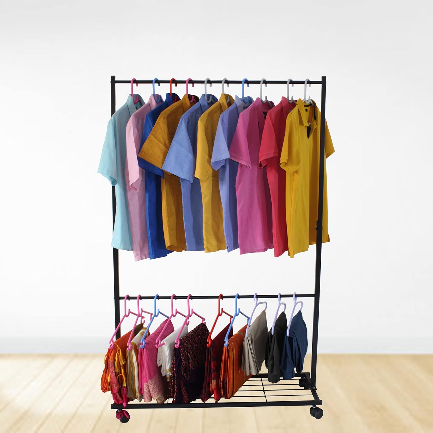 Lukzer Metal Garment Rack with Wheels and Storage Shelves